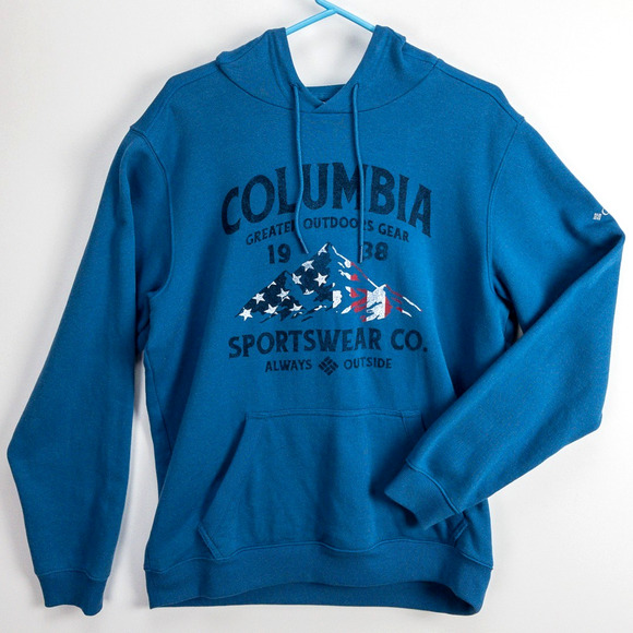 Columbia Graphic Print Hoodie Men’s Medium Blue Pullover Americana Style - Picture 1 of 14